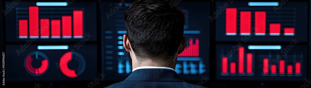 Poster professional analyzing data on multiple digital screens with vibrant red graphics.