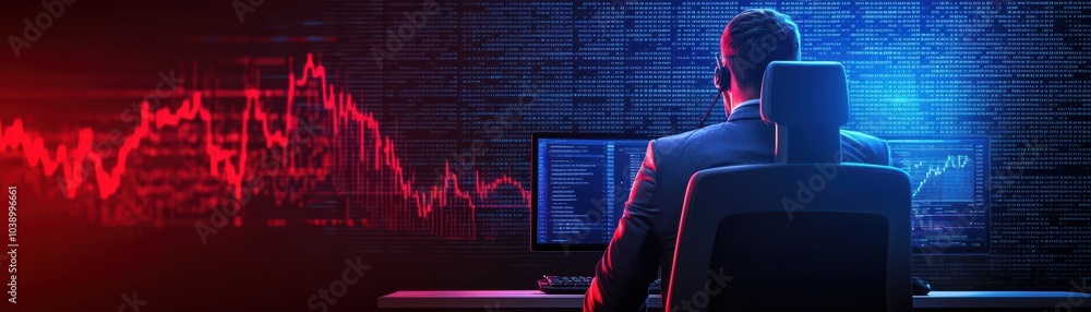 Poster professional sitting at desk, analyzing data with multiple monitors in a high-tech environment.