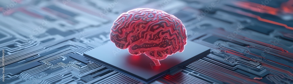 Poster red glowing brain model on a digital circuit board, showcasing ai concepts and neural networks.