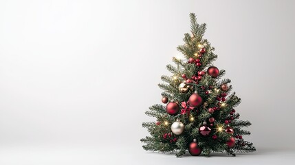 A beautifully decorated Christmas tree with red and gold ornaments, glowing lights, set against a simple white background, creating a festive atmosphere.