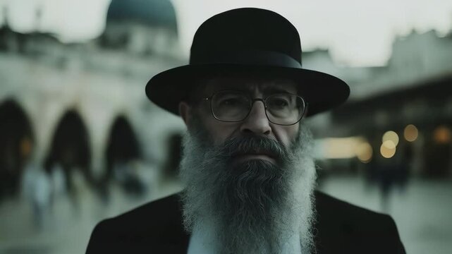 Orthodox jewish man in traditional costume on the street. Jewish memory day. Hanukkah, Passover, Shavuot, Yom Kippur holiday. Happy Independence Day of Israel