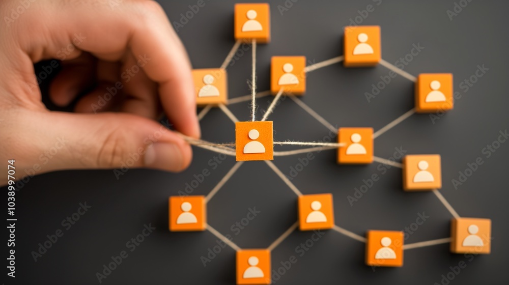 Poster a hand connecting multiple network nodes with figures, illustrating social connections and relations