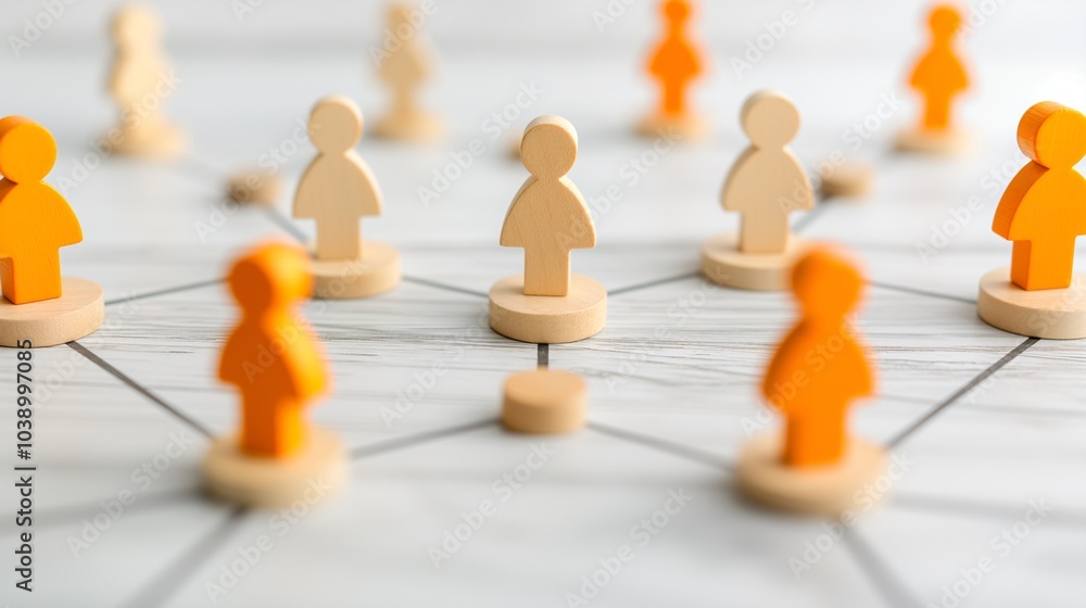 Poster networking among wooden figures on a tabletop, emphasizing community and connection in a collaborati