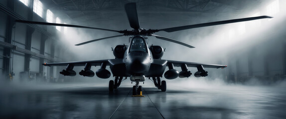 Fototapeta premium Modern military helicopter standing in dark hangar with smoke background