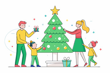 family decorating christmas tree