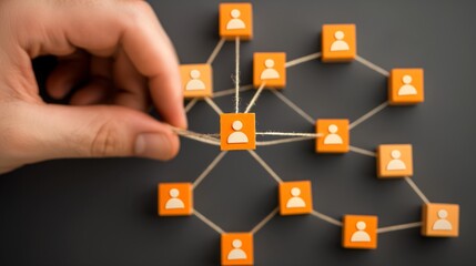 A hand connecting multiple network nodes with figures, illustrating social connections and relationships in a structured layout