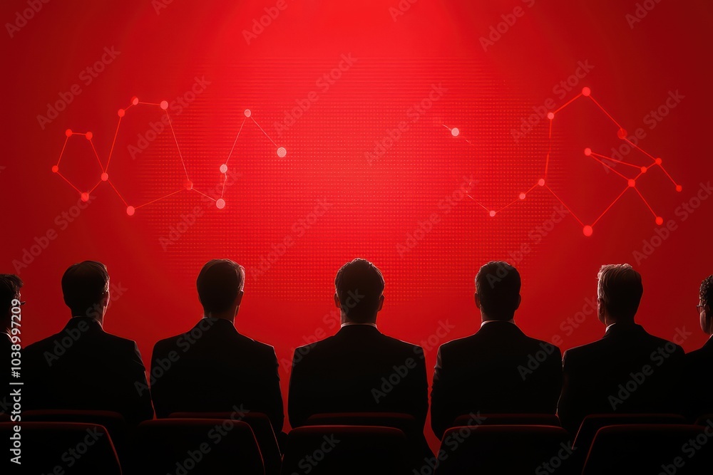 Poster silhouettes of professionals observing a red screen with data visuals during a presentation.