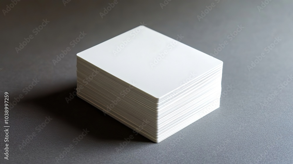 Poster business cards stacked neatly on a smooth grey background with subtle shadows.