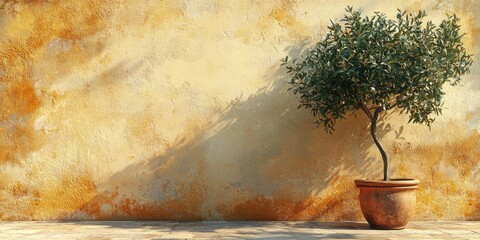 A potted olive tree stands against a textured yellow wall.