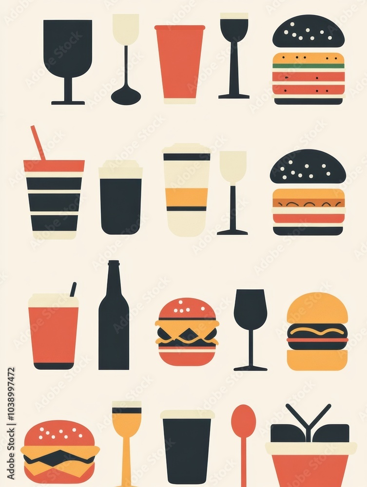 Aufkleber A vibrant display of various drinks and burgers arranged neatly, creating an inviting and playful dining vibe with a minimalist touch. Generative AI