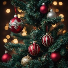 Fototapeta premium The Christmas tree dazzles with cheerful decorations