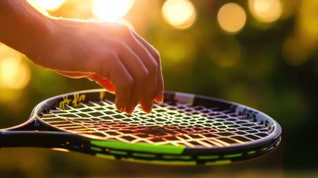 A tennis player's hand adjusting the strings on a racket, outdoor setting with soft morning light, Minimalist style