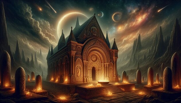 Temple dans un lieu &eacute;trange au clair de la Lune aupr&egrave;s de lumi&egrave;res et de pierres tombales