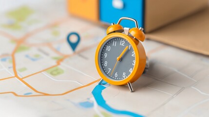 Exploring a detailed map with an alarm clock indicating the importance of punctuality in travel planning
