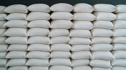 Fototapeta premium Neatly Stacked Sandbags in a Warehouse: Clear Display of Grain for Efficient Storage and Organisation.