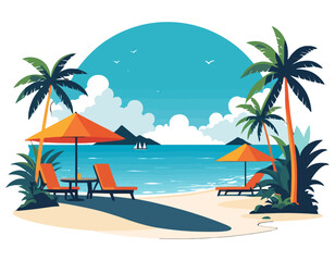 Colorful beach illustration with palm trees