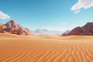 Fototapeta premium Vast desert landscape with rolling sand dunes and distant mountains under a clear blue sky.
