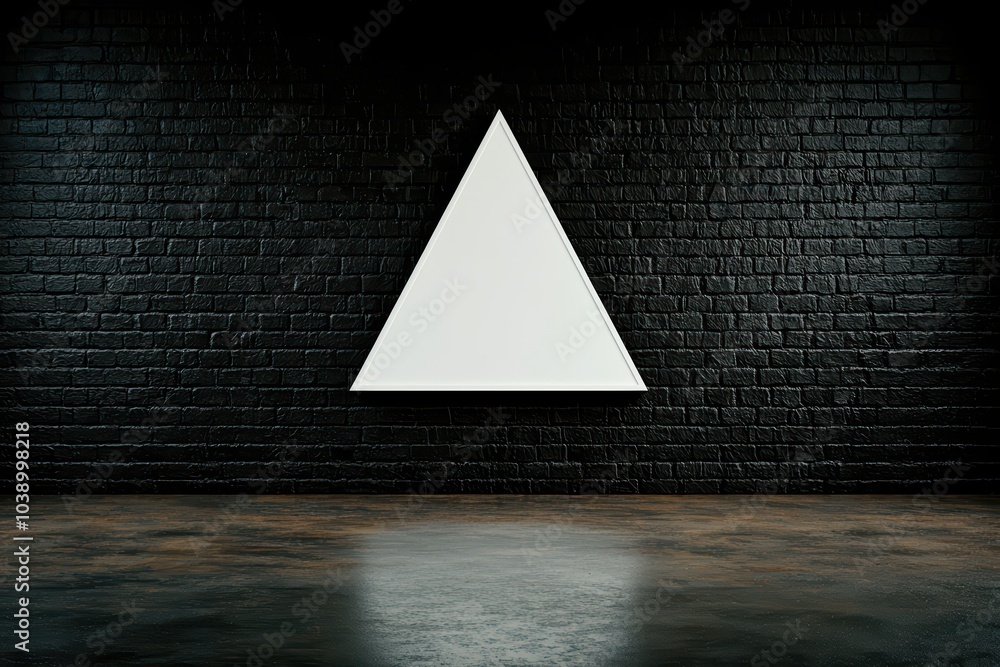 Poster white triangular shape against a dark textured wall, creating a minimalistic and modern aesthetic.