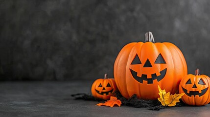 A festive arrangement of carved pumpkins showcases Halloween spirit, surrounded by autumn leaves and a dark textured background.