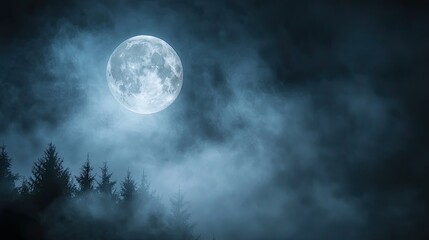 A bright full moon illuminates a misty, dark forest, creating an eerie and enchanting atmosphere.