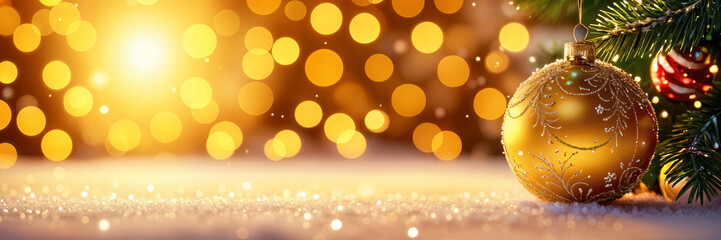 Warm, festive scene with a golden Christmas ball resting on a surface adorned with bokeh lights and a blurred Christmas tree in the background.