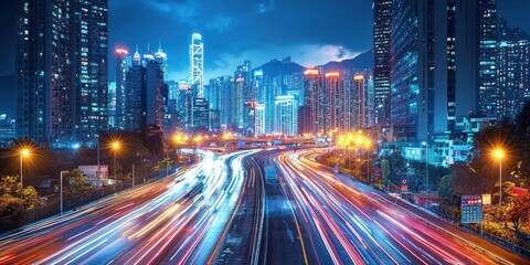 Fototapeta premium Nighttime Cityscape with Traffic Light Trails and Skyscrapers