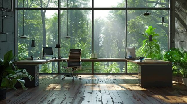 Cozy workspace with chair and desk by a large window overlooking a forest  
Seamless looping 4k time-lapse virtual video animation Generated AI