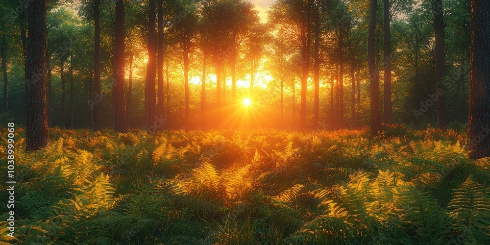 Aufkleber golden sunlight filtering through trees in a forest