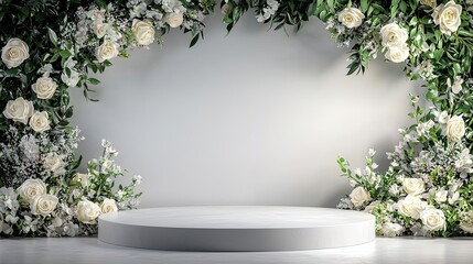 A beautifully arranged floral backdrop featuring white roses and greenery, creating an elegant setting for events like weddings or ceremonies.