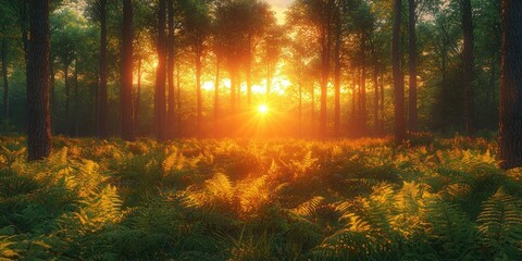 Obraz premium Golden Sunlight Filtering Through Trees in a Forest