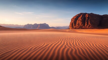Naklejka premium A desert landscape featuring a distant rock formation, sand dunes in the foreground, and towering mountains in the background