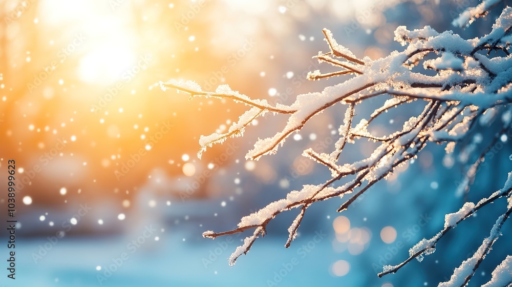Poster snow-covered branches of a tree sparkling in the sunlight, creating a magical winter scene.
