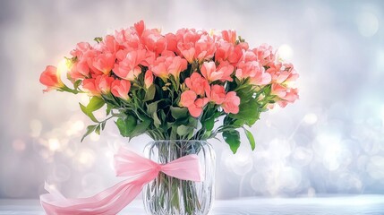 a beautiful bouquet of pink flowers in a glass vase, carefully arranged to form the silhouette of a heart. The bouquet is tied with a wide, delicate pink ribbon bow, which adds a touch of charm and ro