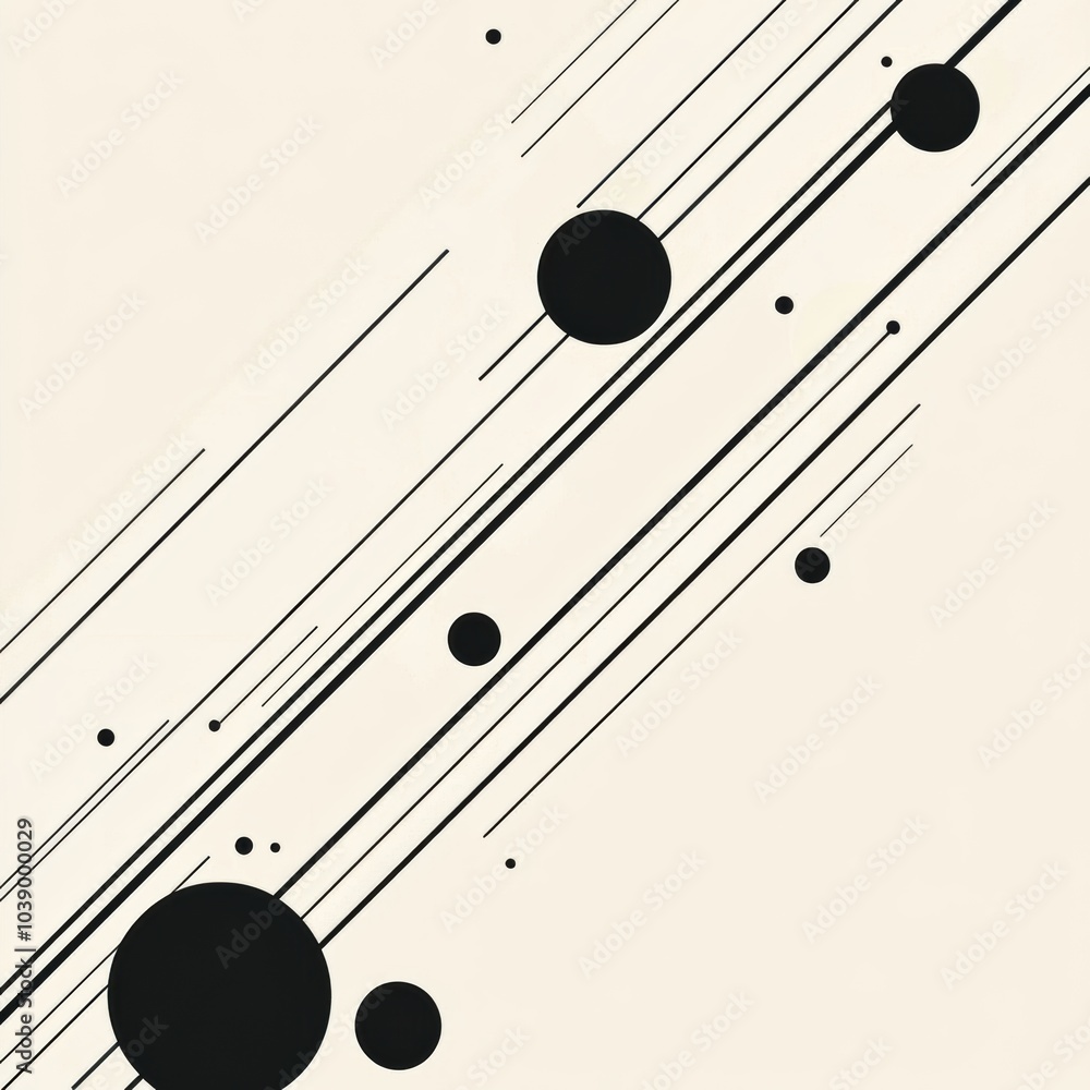 Leinwandbilder Black diagonal lines cross a light backdrop, intersecting variously sized circles, showcasing a minimalistic and modern design concept. Generative AI