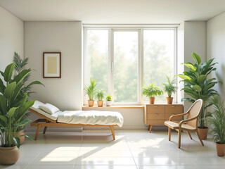 Sun shining through window in modern minimalist bedroom with plants