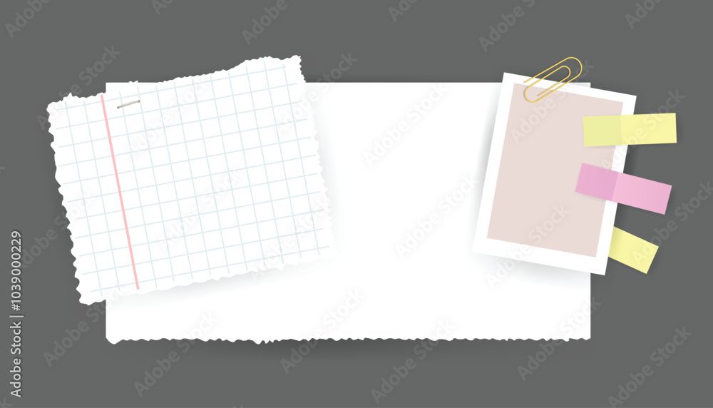 Poster paper notes stickers. place for memo messages on paper sheets. attached with sticky colorful tape on
