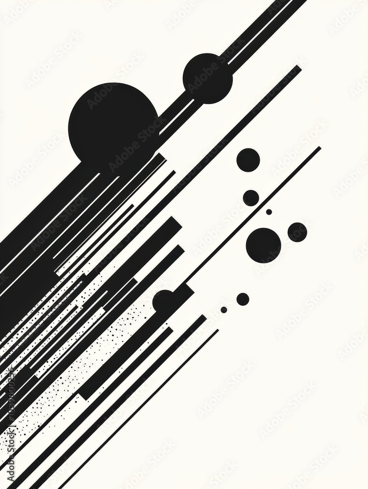 Aufkleber Black diagonal lines intersect with various sized circles on a light backdrop, creating a dynamic and modern abstract design. Generative AI