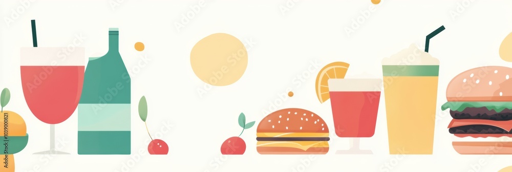 Poster enjoy a refreshing assortment of colorful drinks and burgers set against a simple background, perfec
