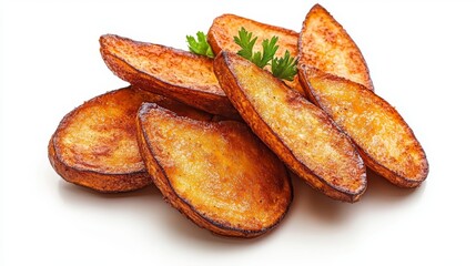 Rodajas de papas fritas doradas, decoradas con hojas de perejil fresco, presentadas sobre un fondo blanco simple.

