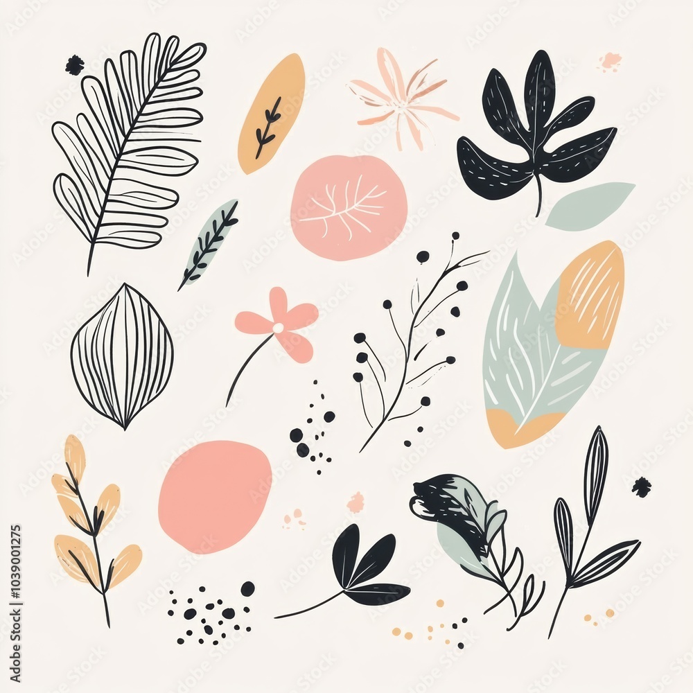 Poster colorful minimalist doodles showcase various leaves and flowers on a soft background, creating a fre