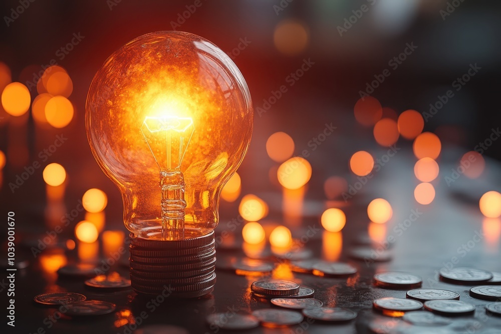 Wall mural a glowing light bulb sits atop a stack of coins, illuminating the surrounding area with warm light