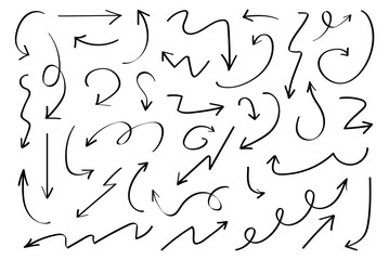 Hand drawn arrows set. Marker drawn arrows. Arrow icon. Arrows doodle. Editable stroke line icons. Vector illustration.