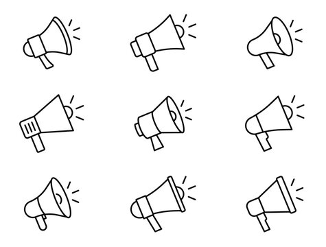 Megaphone icon set. Loudspeaker icon. Advertising and marketing icons. Editable stroke line icons. Vector illustration.
