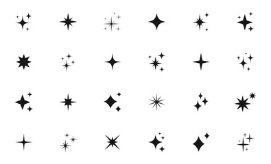 Shining stars icon set. Sparkle stars icons. Twinkle stars collection. Different star shapes. Effect shine, glitter, twinkling and clean. Vector illustration.