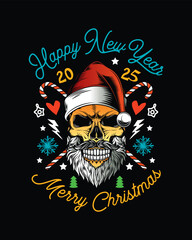 Skull with beard and mustache in Santa Claus hat. Christmas and New Year poster. Original vector illustration in vintage style. T-shirt design.