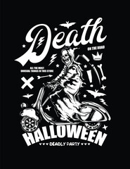 Death on a Scooter. Halloween Poster. Original vector illustration in vintage style. T-shirt design.