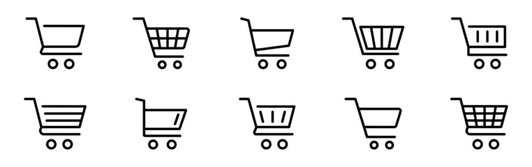 Shopping cart icon set. Trolley icon. Shopping basket icon. Online shopping button. Editable stroke line icons. Vector illustration.