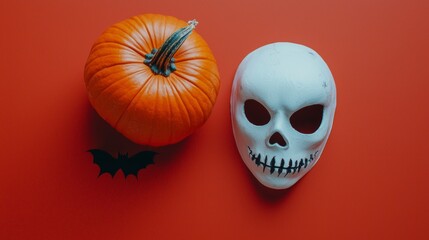 Fototapeta premium vibrant red background showcases a flat lay arrangement of a scary mask a bright orange pumpkin and decorative bat accents perfect for Halloween celebrations.