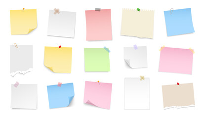 Paper notes with pin and tape. Colored stickers, torn sheets and notebook pages. Note sticky papers with curled corner. Realistic templates for a note message. Vector illustration.