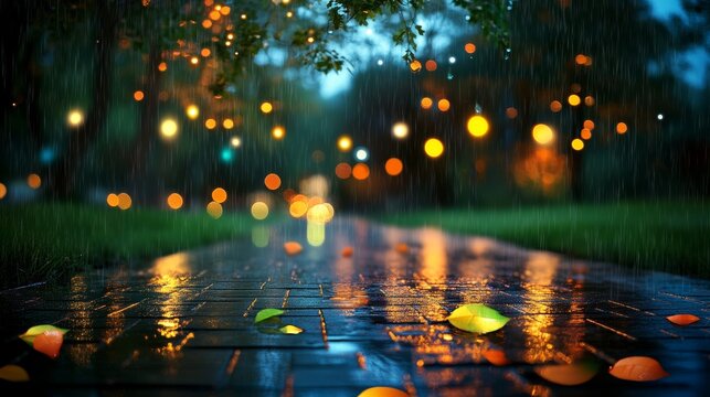 Un camino de adoquines cubierto de hojas ca&iacute;das y reflejos de luces en un d&iacute;a lluvioso. Los &aacute;rboles iluminados con luces crean una atm&oacute;sfera m&aacute;gica y c&aacute;lida, a pesar de la lluvia.

